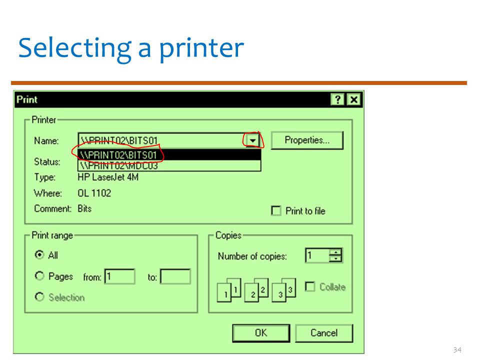 Selecting a printer 34
