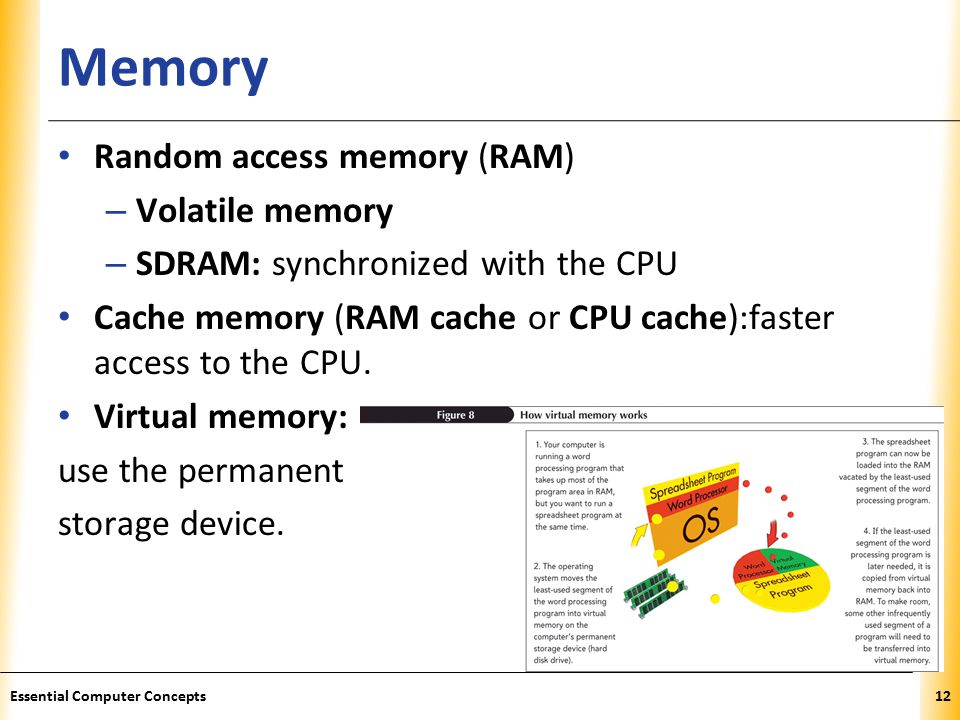 XP Memory Random access memory (RAM) – Volatile memory – SDRAM: synchronized with the CPU Cache memory (RAM cache or CPU cache):faster access to the CPU.