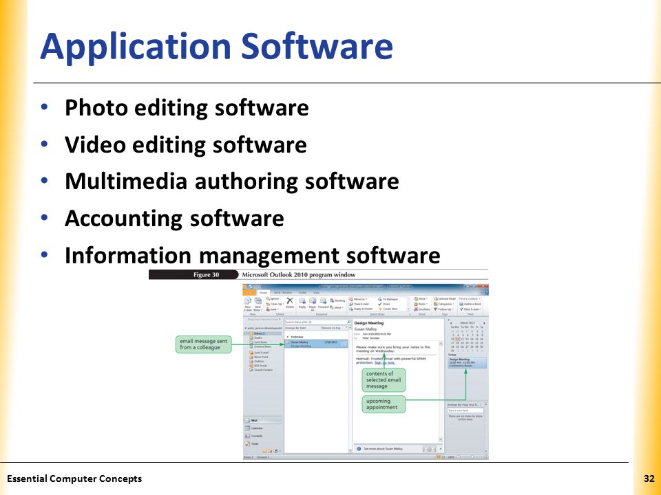 XP Application Software Essential Computer Concepts32 Photo editing software Video editing software Multimedia authoring software Accounting software Information management software