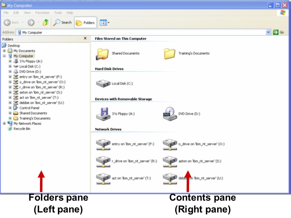 Contents pane (Right pane) Folders pane (Left pane)