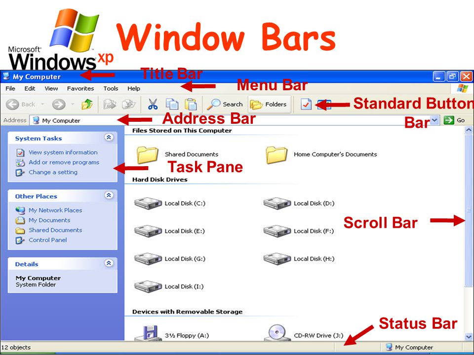 Window Bars Title Bar Menu Bar Standard Button Bar Address Bar Task Pane Status Bar Scroll Bar