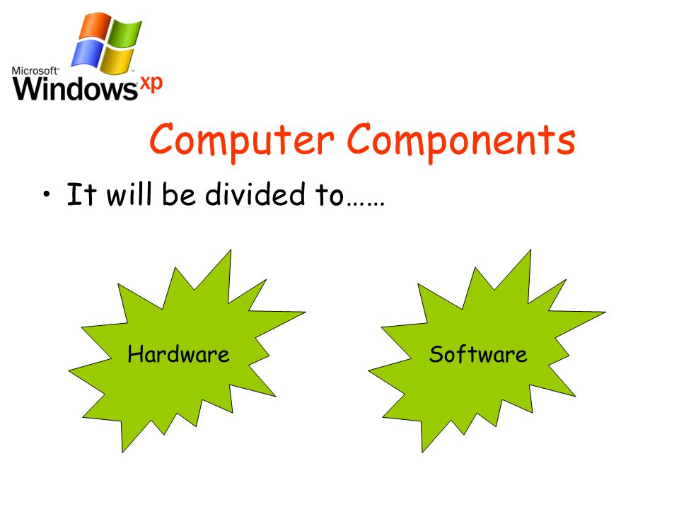 Computer Components It will be divided to…… HardwareSoftware