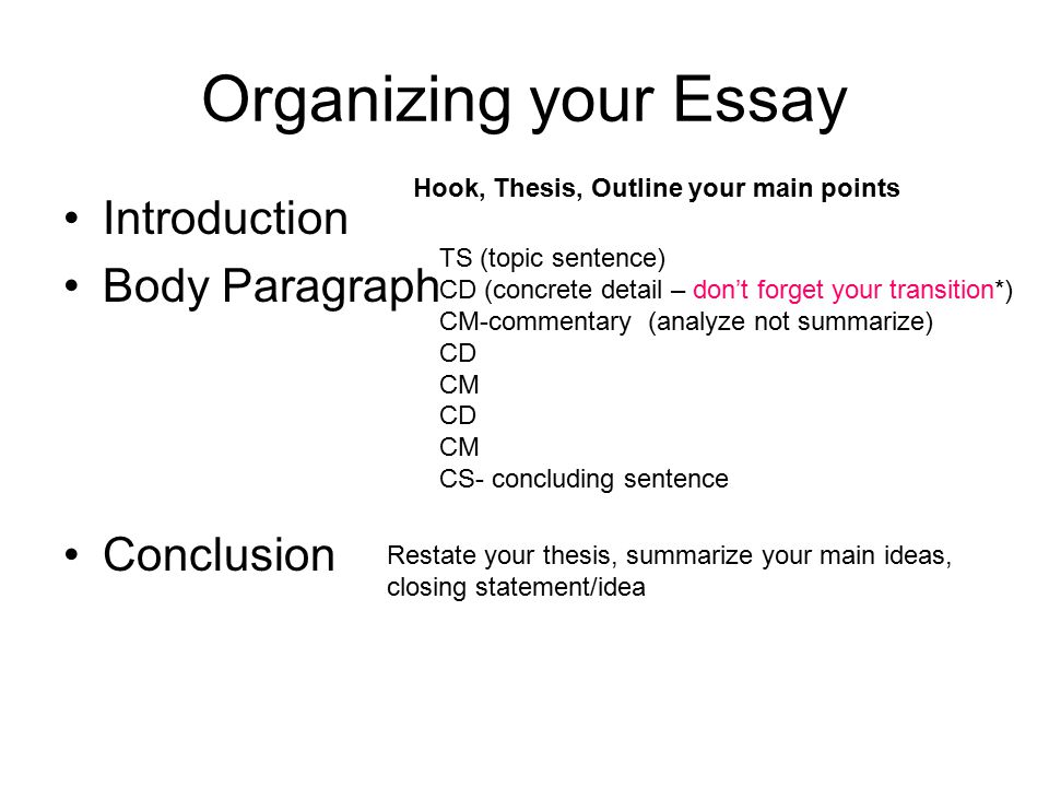 Organizing your Essay Introduction Body Paragraph Conclusion Hook, Thesis, Outline your main points TS (topic sentence) CD (concrete detail – don’t forget your transition*) CM-commentary (analyze not summarize) CD CM CD CM CS- concluding sentence Restate your thesis, summarize your main ideas, closing statement/idea