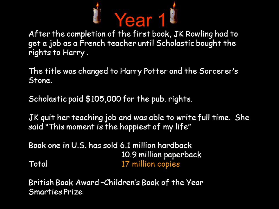 Year 1 After the completion of the first book, JK Rowling had to get a job as a French teacher until Scholastic bought the rights to Harry.