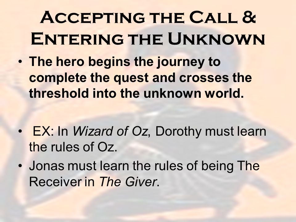 Accepting the Call & Entering the Unknown The hero begins the journey to complete the quest and crosses the threshold into the unknown world.