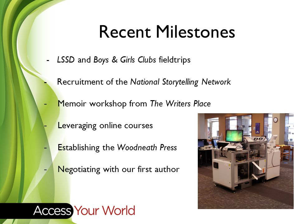 Recent Milestones - LSSD and Boys & Girls Clubs fieldtrips - Recruitment of the National Storytelling Network -Memoir workshop from The Writers Place -Leveraging online courses -Establishing the Woodneath Press -Negotiating with our first author