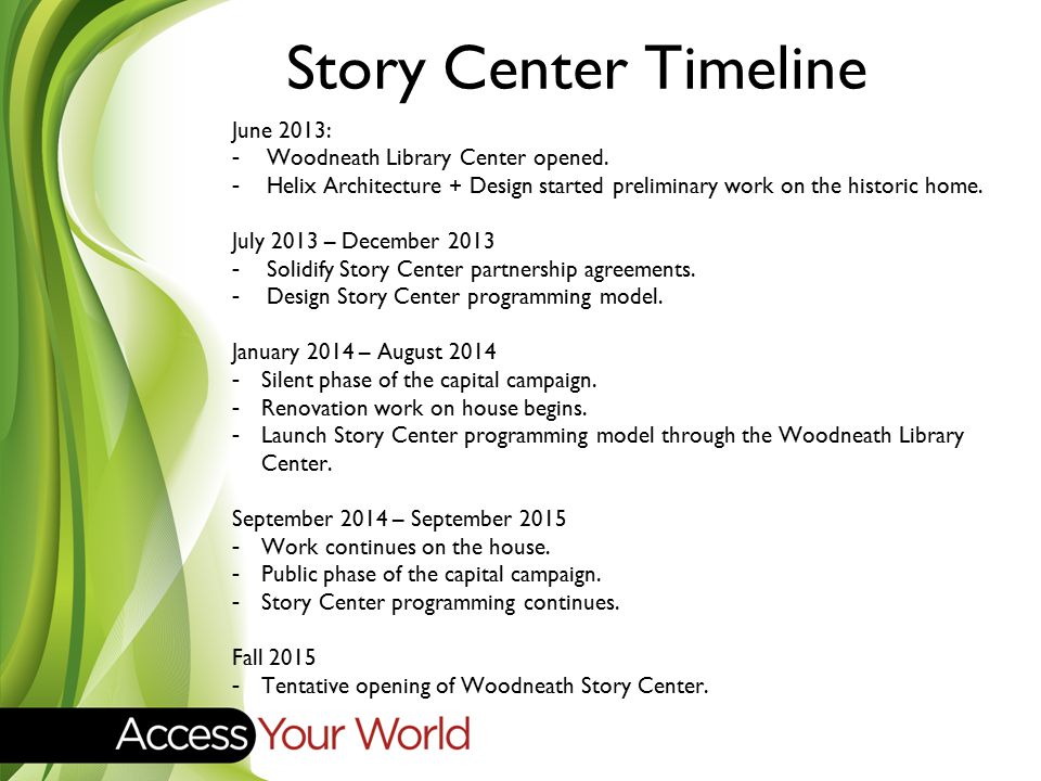 Story Center Timeline June 2013: -Woodneath Library Center opened.