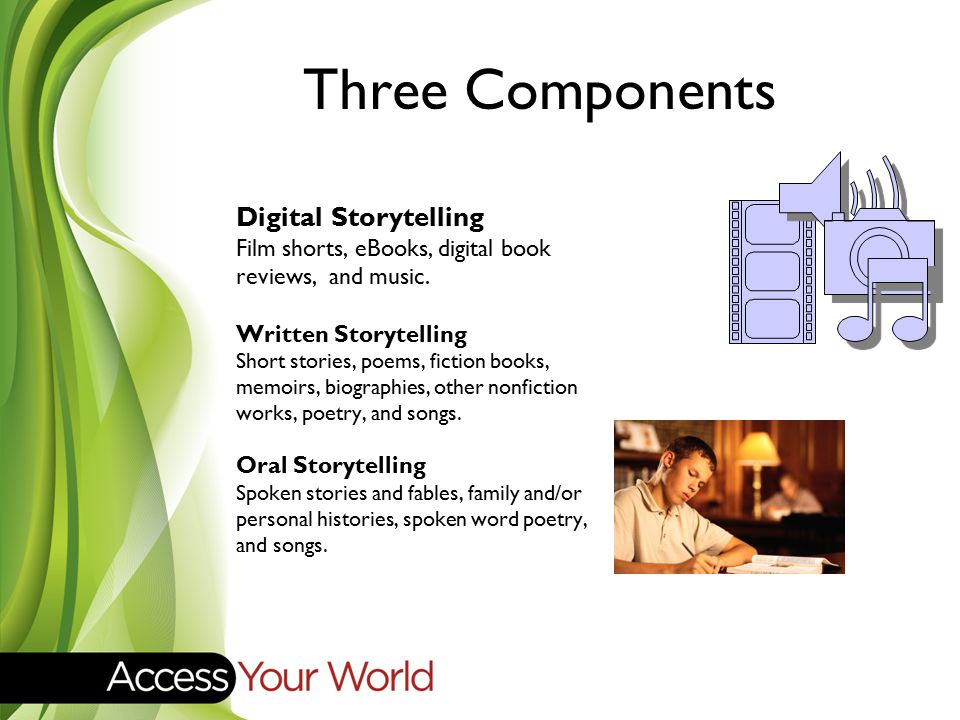 Digital Storytelling Film shorts, eBooks, digital book reviews, and music.