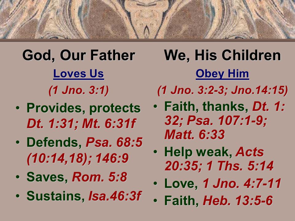God, Our Father Loves Us (1 Jno. 3:1) Provides, protects Dt.