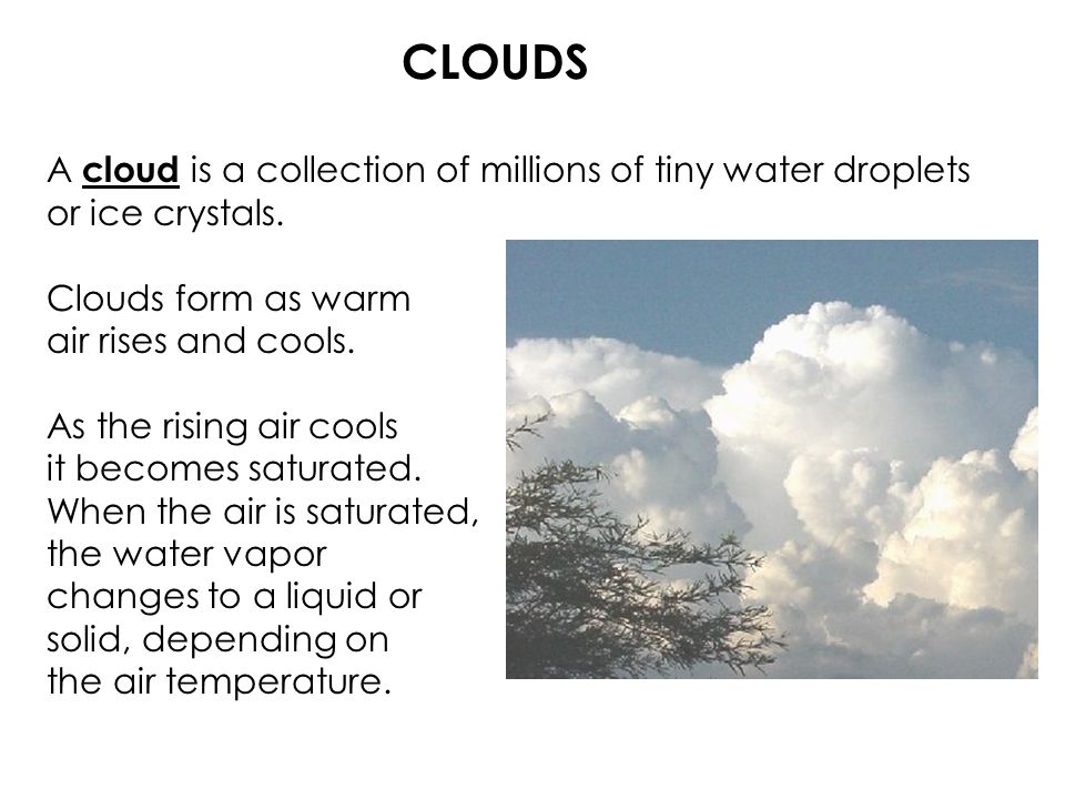 CLOUDS A cloud is a collection of millions of tiny water droplets or ice crystals.
