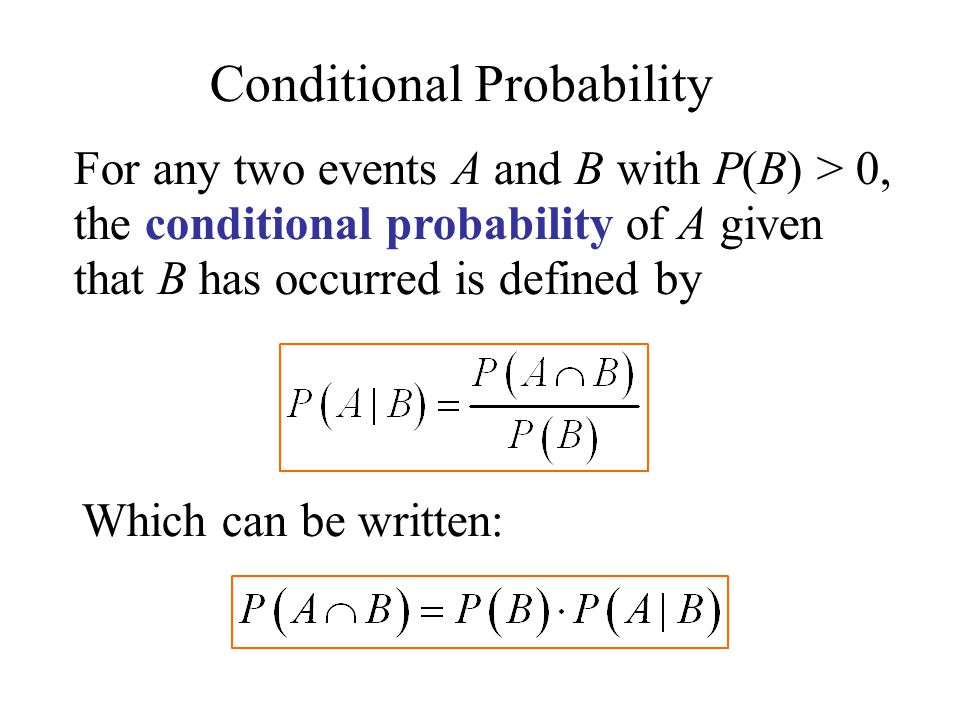 For any two events A and B with P(B) > 0, the conditional probability of A given that B has occurred is defined by Which can be written: