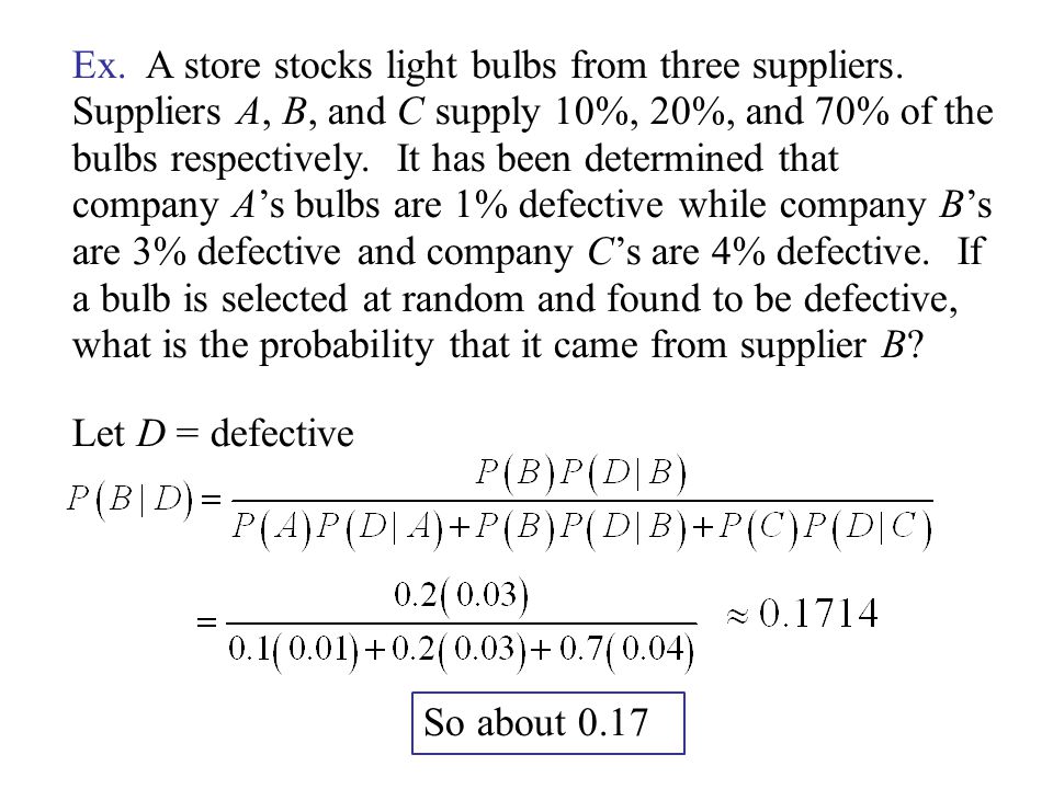 Ex. A store stocks light bulbs from three suppliers.