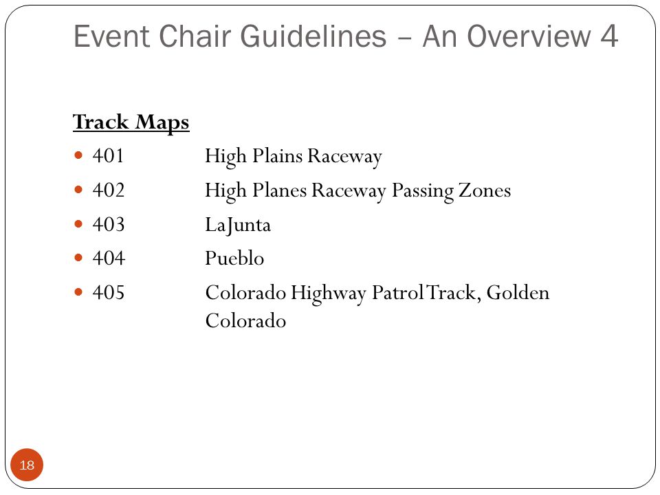 Event Chair Guidelines – An Overview 4 18 Track Maps 401High Plains Raceway 402High Planes Raceway Passing Zones 403LaJunta 404Pueblo 405Colorado Highway Patrol Track, Golden Colorado