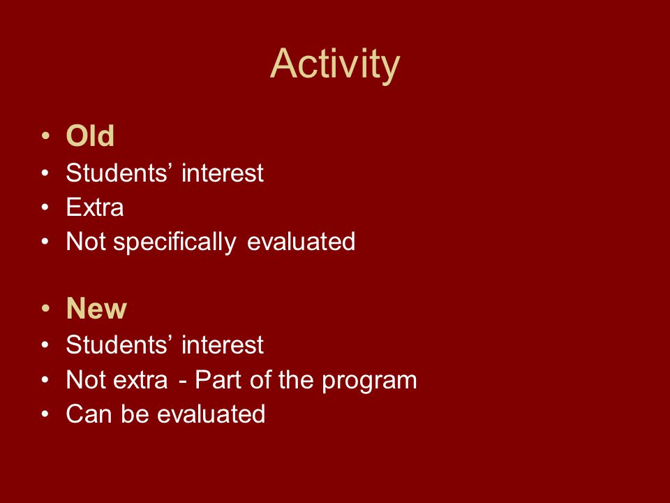 Activity Old Students’ interest Extra Not specifically evaluated New Students’ interest Not extra - Part of the program Can be evaluated