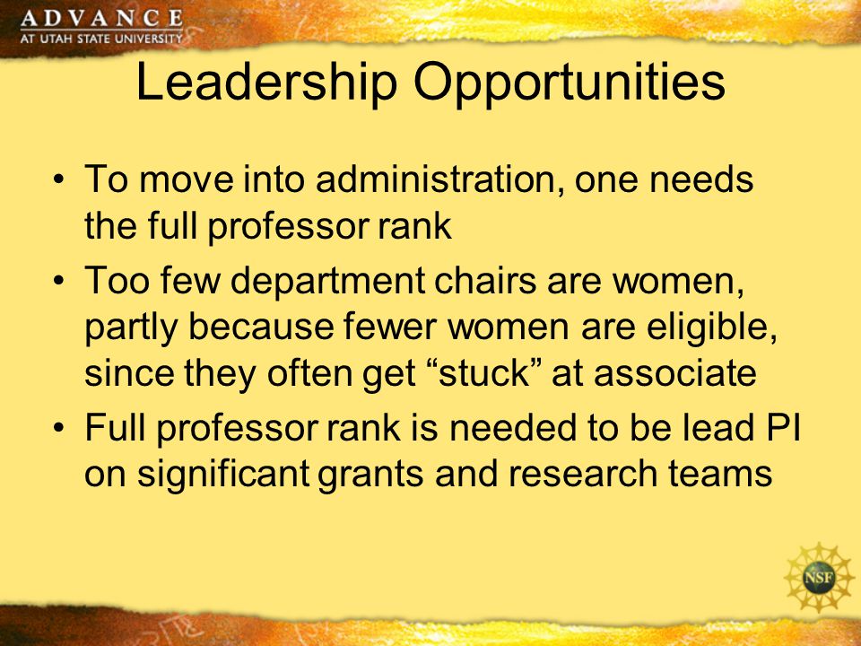 Leadership Opportunities To move into administration, one needs the full professor rank Too few department chairs are women, partly because fewer women are eligible, since they often get stuck at associate Full professor rank is needed to be lead PI on significant grants and research teams