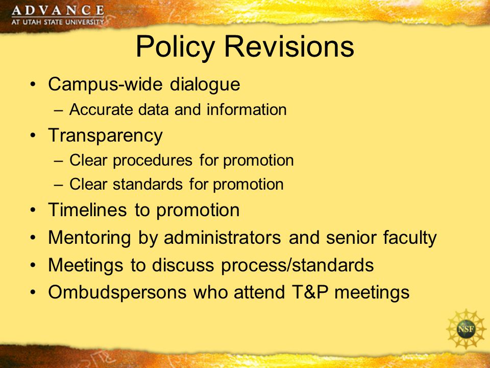 Policy Revisions Campus-wide dialogue –Accurate data and information Transparency –Clear procedures for promotion –Clear standards for promotion Timelines to promotion Mentoring by administrators and senior faculty Meetings to discuss process/standards Ombudspersons who attend T&P meetings