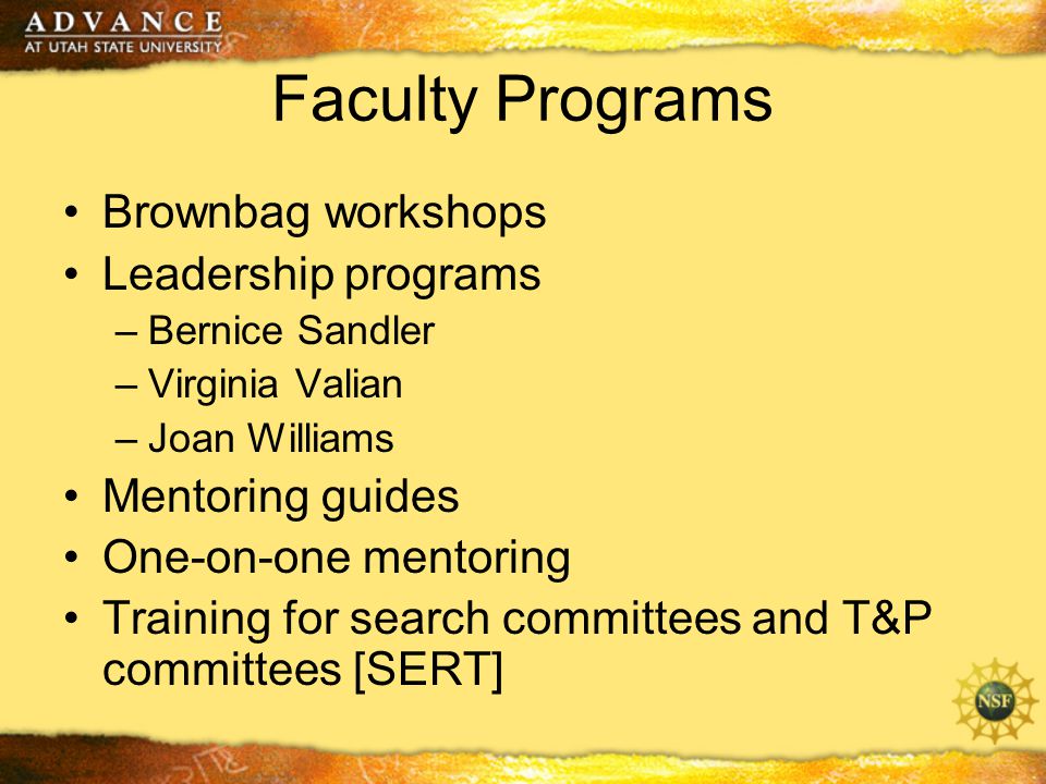 Faculty Programs Brownbag workshops Leadership programs –Bernice Sandler –Virginia Valian –Joan Williams Mentoring guides One-on-one mentoring Training for search committees and T&P committees [SERT]