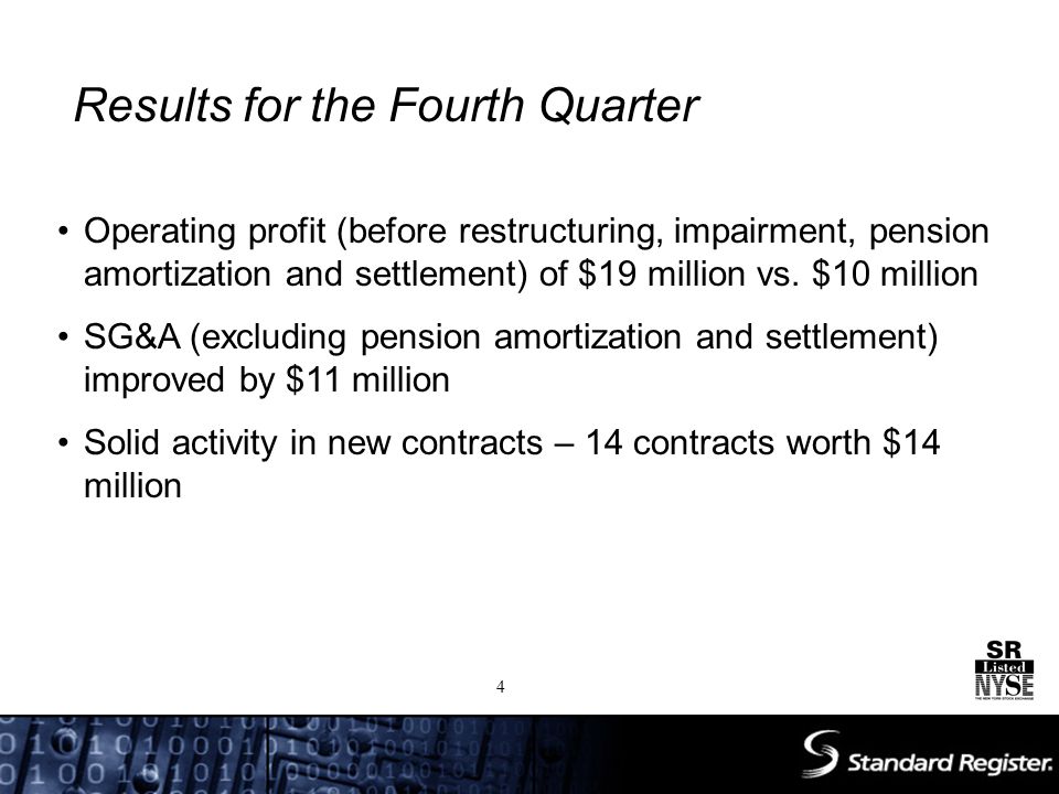 Results for the Fourth Quarter Operating profit (before restructuring, impairment, pension amortization and settlement) of $19 million vs.