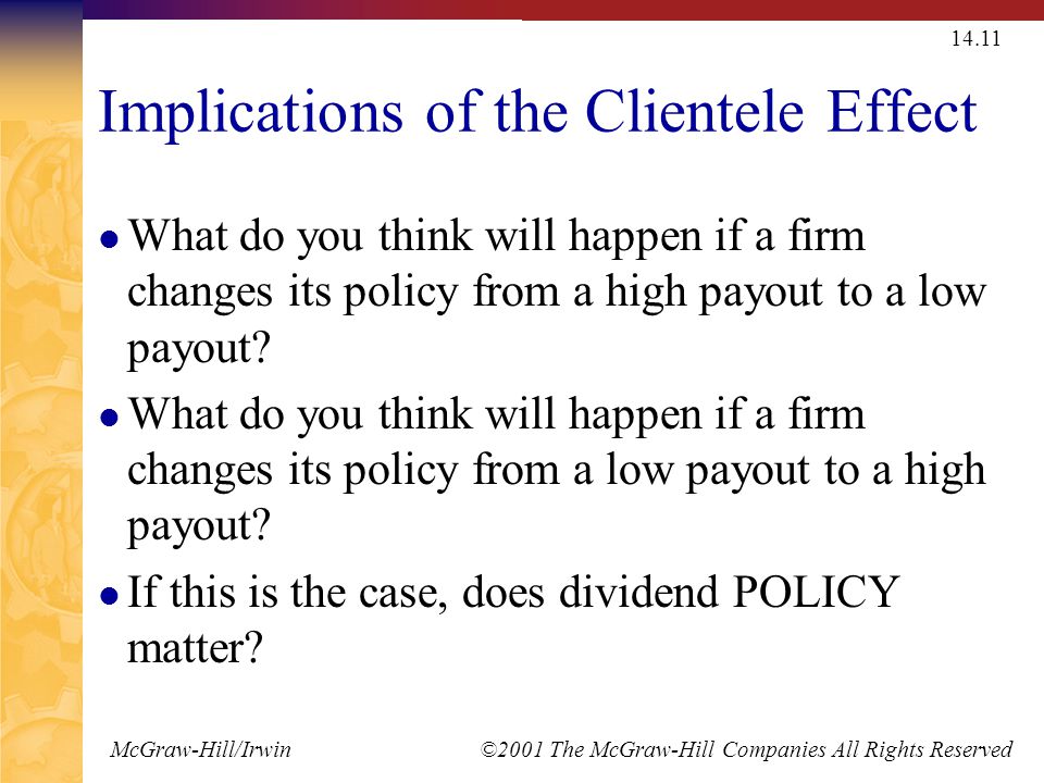 McGraw-Hill/Irwin ©2001 The McGraw-Hill Companies All Rights Reserved Implications of the Clientele Effect What do you think will happen if a firm changes its policy from a high payout to a low payout.