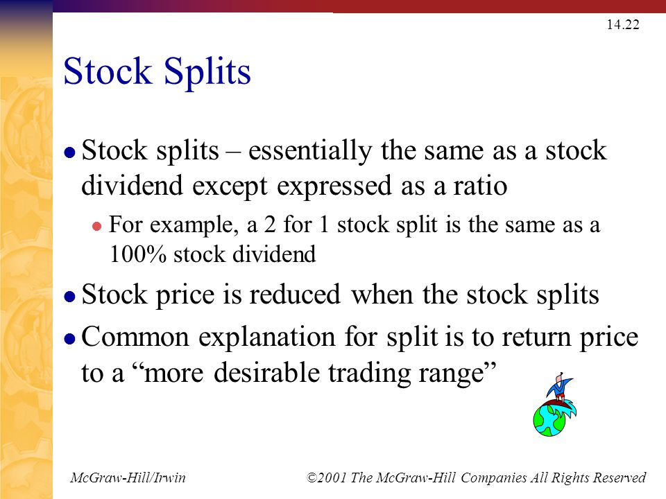 McGraw-Hill/Irwin ©2001 The McGraw-Hill Companies All Rights Reserved Stock Splits Stock splits – essentially the same as a stock dividend except expressed as a ratio For example, a 2 for 1 stock split is the same as a 100% stock dividend Stock price is reduced when the stock splits Common explanation for split is to return price to a more desirable trading range