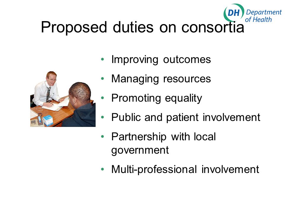 Proposed duties on consortia Improving outcomes Managing resources Promoting equality Public and patient involvement Partnership with local government Multi-professional involvement