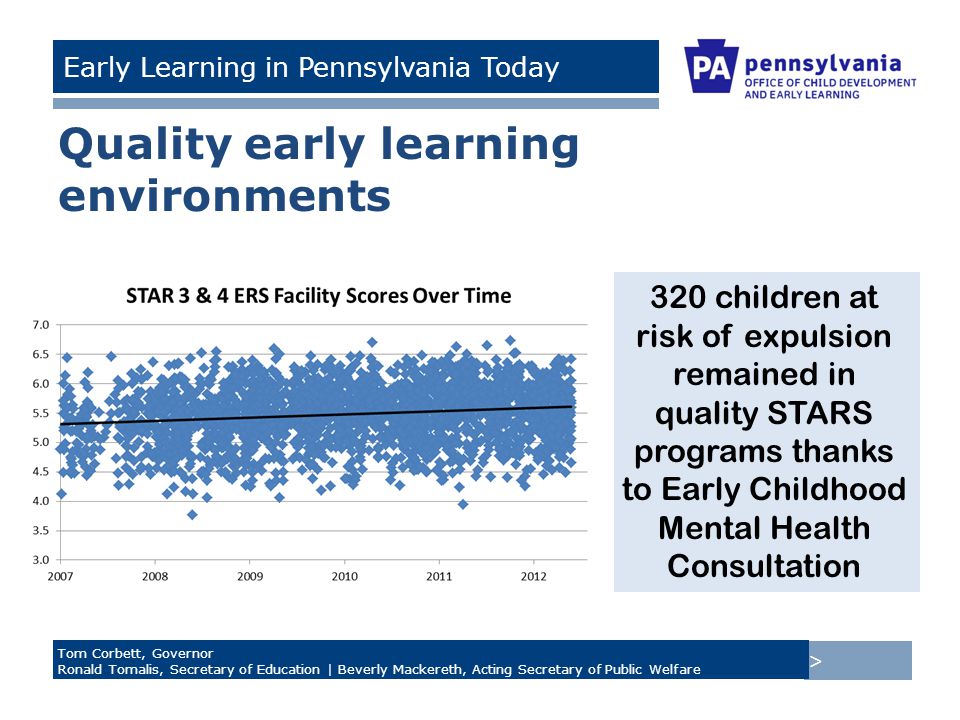 > Tom Corbett, Governor Ronald Tomalis, Secretary of Education | Beverly Mackereth, Acting Secretary of Public Welfare Early Learning in Pennsylvania Today Quality early learning environments 320 children at risk of expulsion remained in quality STARS programs thanks to Early Childhood Mental Health Consultation