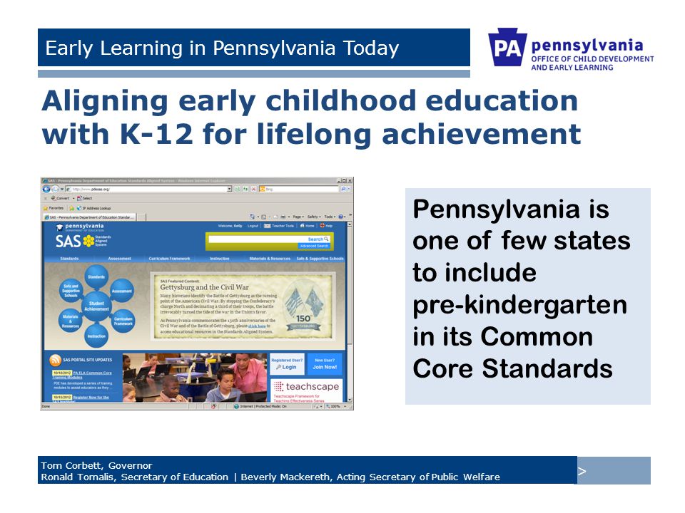 > Tom Corbett, Governor Ronald Tomalis, Secretary of Education | Beverly Mackereth, Acting Secretary of Public Welfare Early Learning in Pennsylvania Today Aligning early childhood education with K-12 for lifelong achievement Pennsylvania is one of few states to include pre-kindergarten in its Common Core Standards
