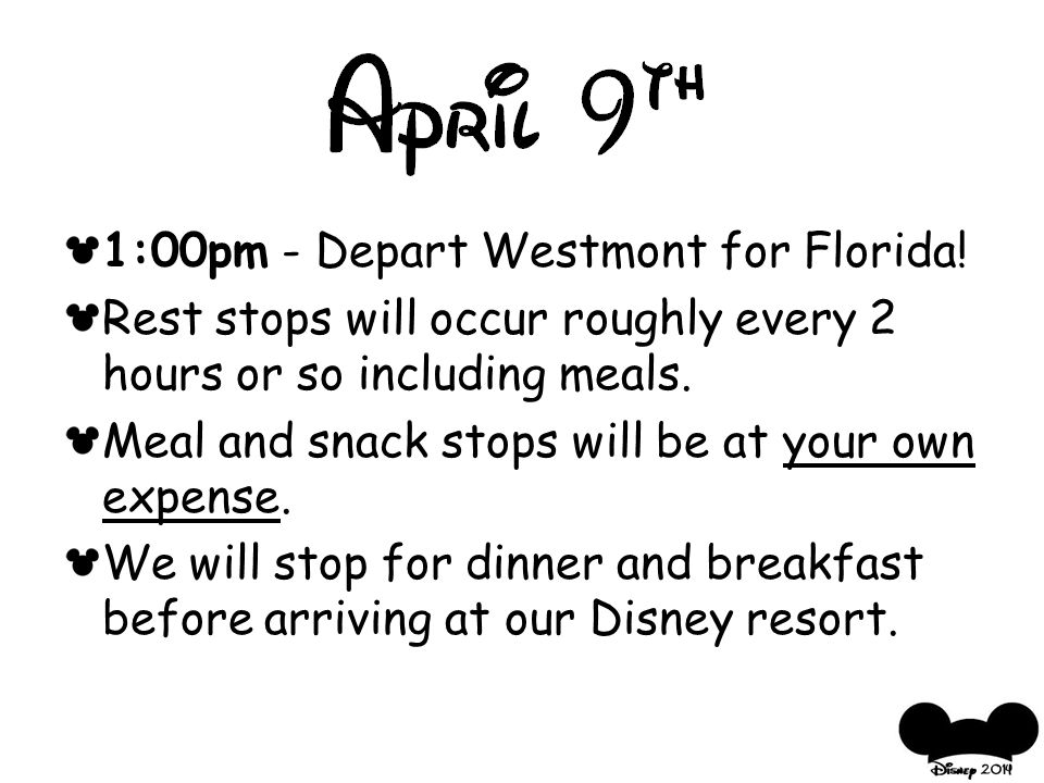 1:00pm - Depart Westmont for Florida.
