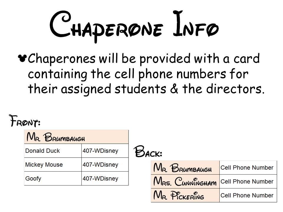 Chaperones will be provided with a card containing the cell phone numbers for their assigned students & the directors.