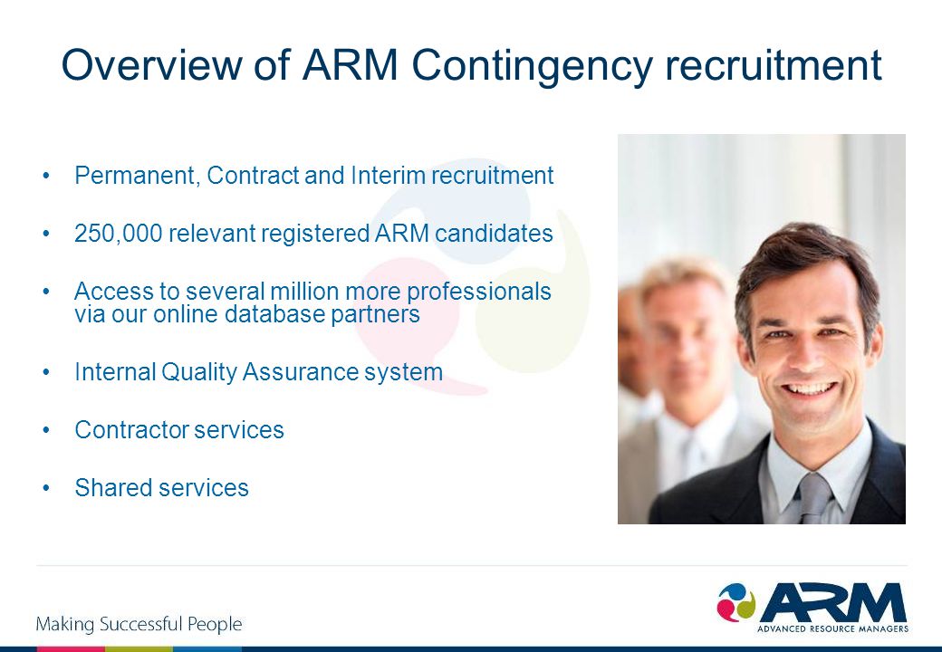 Overview of ARM Contingency recruitment Permanent, Contract and Interim recruitment 250,000 relevant registered ARM candidates Access to several million more professionals via our online database partners Internal Quality Assurance system Contractor services Shared services