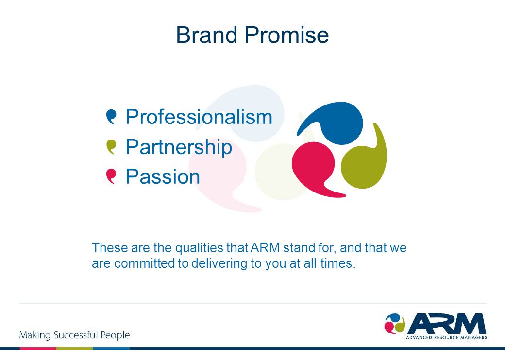 Brand Promise Professionalism Partnership Passion These are the qualities that ARM stand for, and that we are committed to delivering to you at all times.