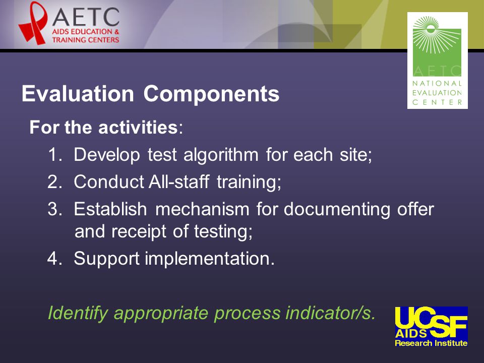 Evaluation Components For the activities: 1. Develop test algorithm for each site; 2.
