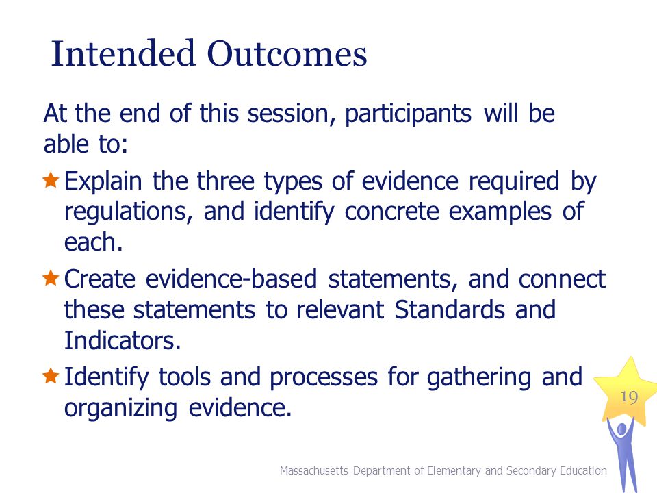 Intended Outcomes At the end of this session, participants will be able to:  Explain the three types of evidence required by regulations, and identify concrete examples of each.