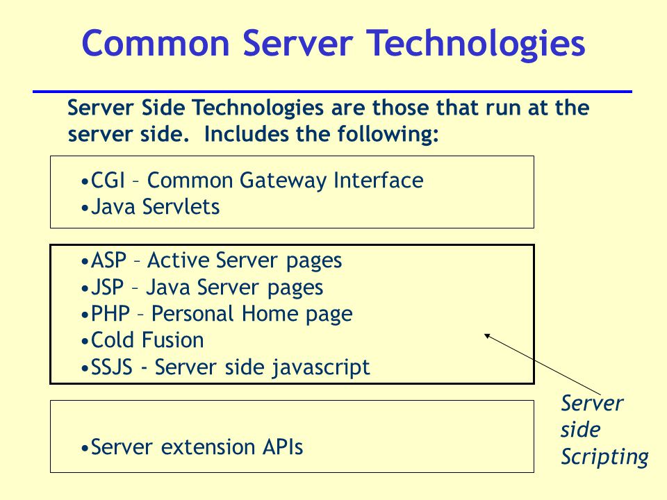 CGI – Common Gateway Interface Java Servlets ASP – Active Server pages JSP – Java Server pages PHP – Personal Home page Cold Fusion SSJS - Server side javascript Server extension APIs Common Server Technologies Server Side Technologies are those that run at the server side.