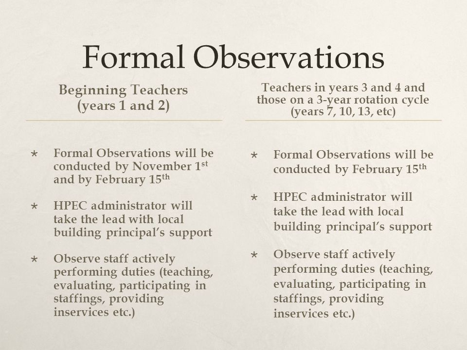 Formal Observations Beginning Teachers (years 1 and 2)  Formal Observations will be conducted by November 1 st and by February 15 th  HPEC administrator will take the lead with local building principal’s support  Observe staff actively performing duties (teaching, evaluating, participating in staffings, providing inservices etc.) Teachers in years 3 and 4 and those on a 3-year rotation cycle (years 7, 10, 13, etc)  Formal Observations will be conducted by February 15 th  HPEC administrator will take the lead with local building principal’s support  Observe staff actively performing duties (teaching, evaluating, participating in staffings, providing inservices etc.)