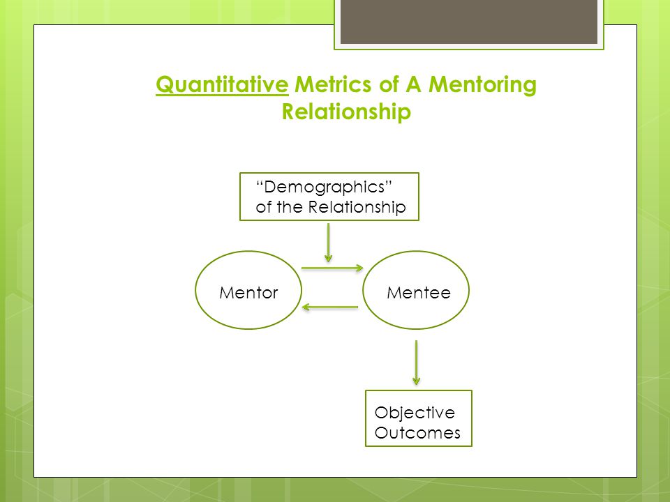 Quantitative Metrics of A Mentoring Relationship MentorMentee Objective Outcomes Demographics of the Relationship