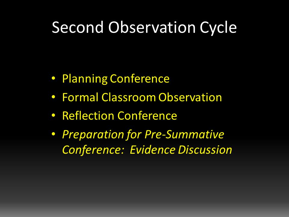 Second Observation Cycle Planning Conference Formal Classroom Observation Reflection Conference Preparation for Pre-Summative Conference: Evidence Discussion