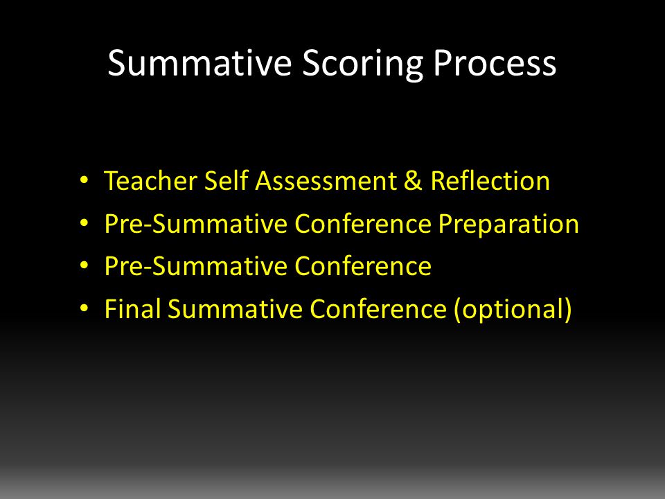 Summative Scoring Process Teacher Self Assessment & Reflection Pre-Summative Conference Preparation Pre-Summative Conference Final Summative Conference (optional)