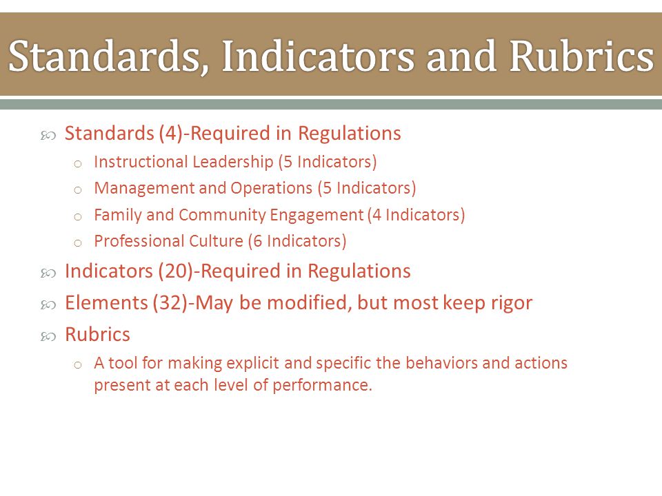  Standards (4)-Required in Regulations o Instructional Leadership (5 Indicators) o Management and Operations (5 Indicators) o Family and Community Engagement (4 Indicators) o Professional Culture (6 Indicators)  Indicators (20)-Required in Regulations  Elements (32)-May be modified, but most keep rigor  Rubrics o A tool for making explicit and specific the behaviors and actions present at each level of performance.