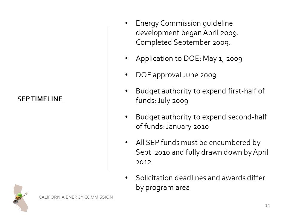 SEP TIMELINE Energy Commission guideline development began April 2009.