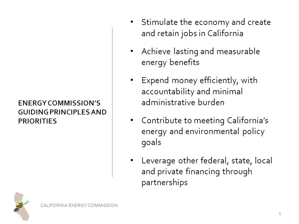 ENERGY COMMISSION’S GUIDING PRINCIPLES AND PRIORITIES Stimulate the economy and create and retain jobs in California Achieve lasting and measurable energy benefits Expend money efficiently, with accountability and minimal administrative burden Contribute to meeting California’s energy and environmental policy goals Leverage other federal, state, local and private financing through partnerships CALIFORNIA ENERGY COMMISSION 5