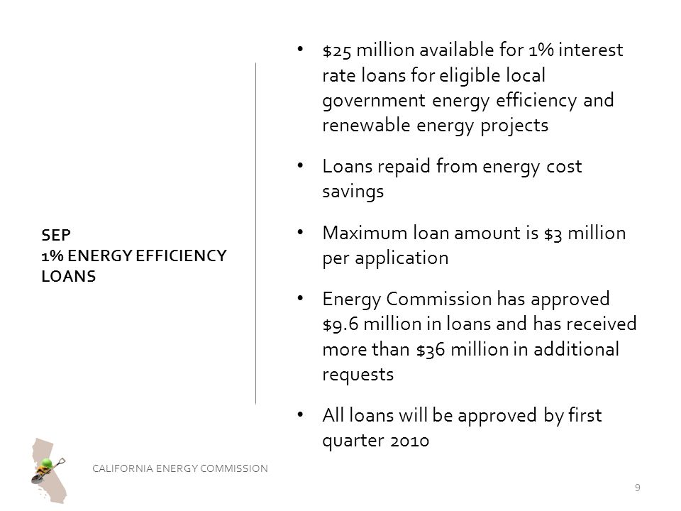 SEP 1% ENERGY EFFICIENCY LOANS $25 million available for 1% interest rate loans for eligible local government energy efficiency and renewable energy projects Loans repaid from energy cost savings Maximum loan amount is $3 million per application Energy Commission has approved $9.6 million in loans and has received more than $36 million in additional requests All loans will be approved by first quarter 2010 CALIFORNIA ENERGY COMMISSION 9