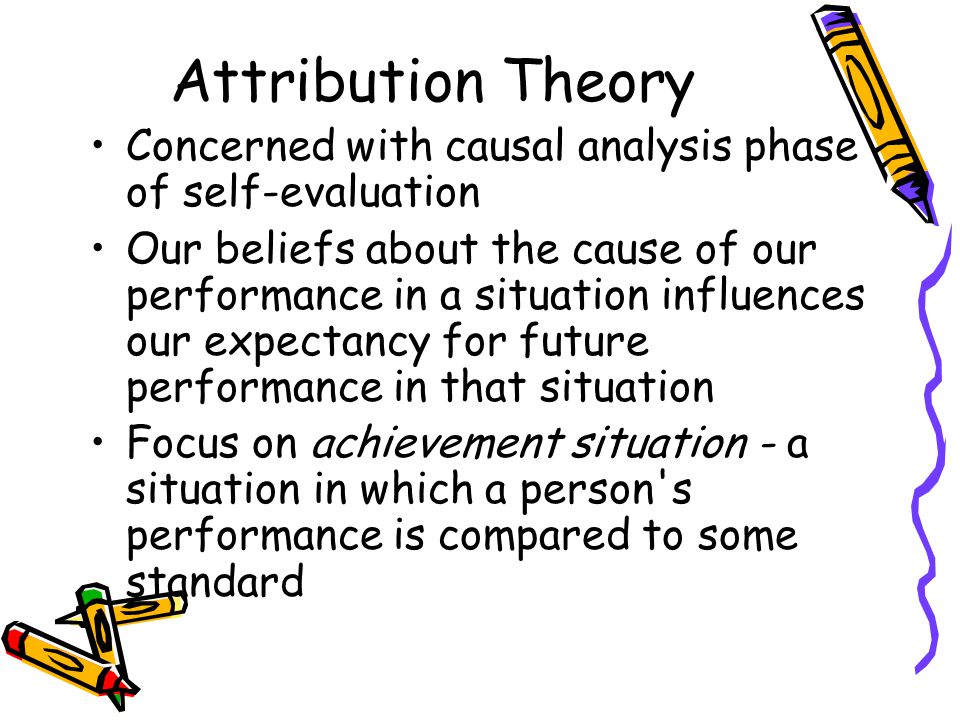 Attribution Theory Concerned with causal analysis phase of self-evaluation Our beliefs about the cause of our performance in a situation influences our expectancy for future performance in that situation Focus on achievement situation - a situation in which a person s performance is compared to some standard