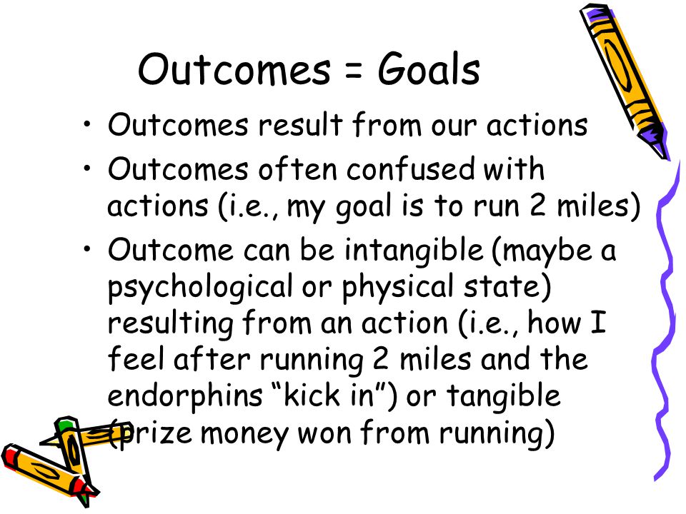 Outcomes = Goals Outcomes result from our actions Outcomes often confused with actions (i.e., my goal is to run 2 miles) Outcome can be intangible (maybe a psychological or physical state) resulting from an action (i.e., how I feel after running 2 miles and the endorphins kick in ) or tangible (prize money won from running)