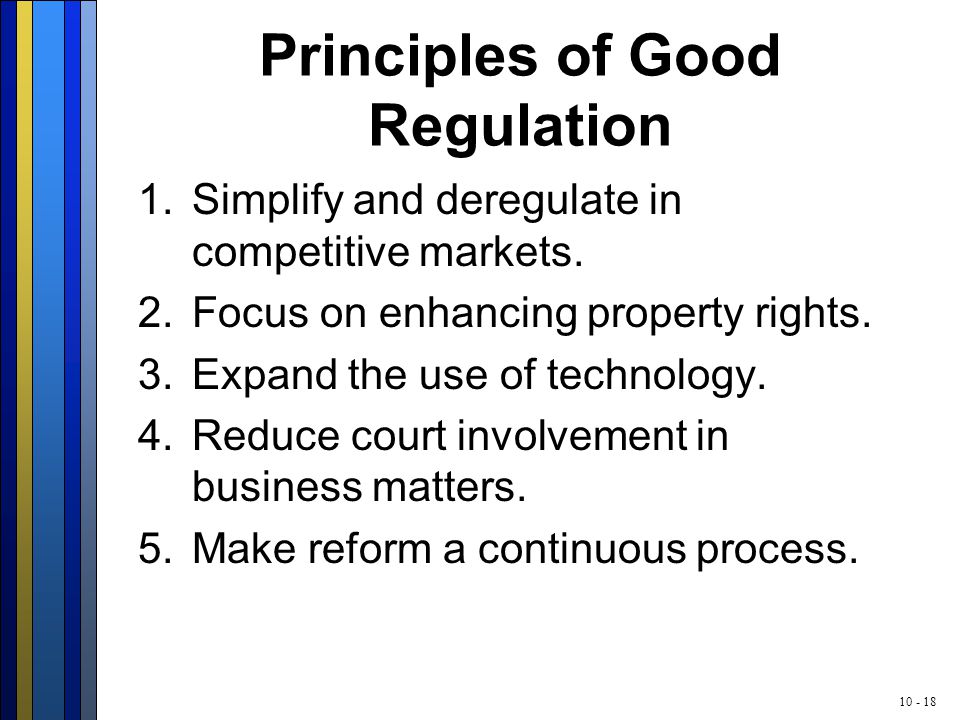 Principles of Good Regulation 1.Simplify and deregulate in competitive markets.