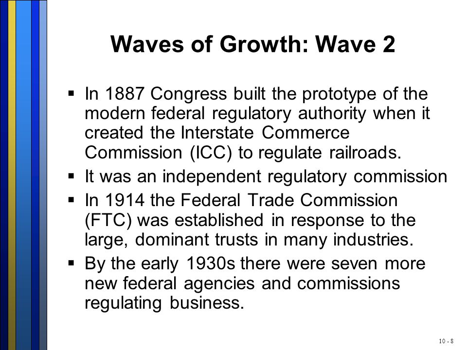 Waves of Growth: Wave 2  In 1887 Congress built the prototype of the modern federal regulatory authority when it created the Interstate Commerce Commission (ICC) to regulate railroads.