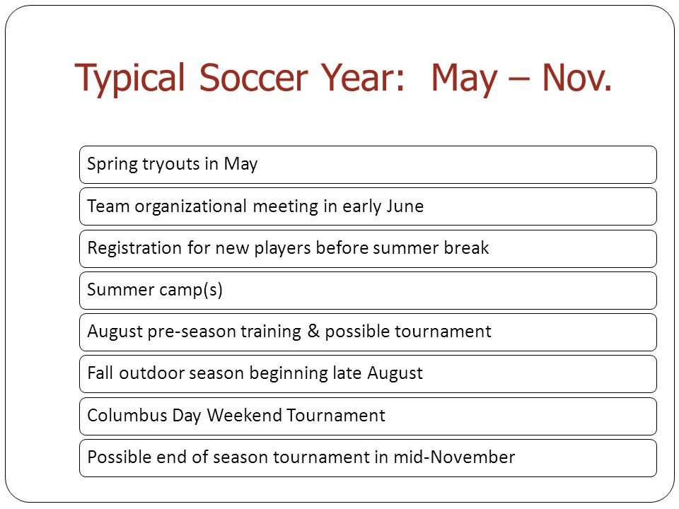 Typical Soccer Year: May – Nov.