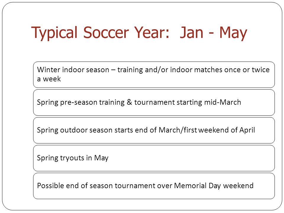 Typical Soccer Year: Jan - May Winter indoor season – training and/or indoor matches once or twice a week Spring pre-season training & tournament starting mid-MarchSpring outdoor season starts end of March/first weekend of AprilSpring tryouts in MayPossible end of season tournament over Memorial Day weekend