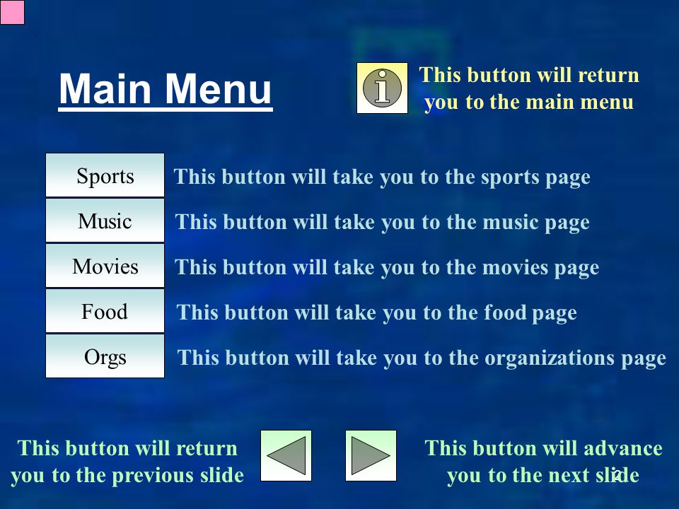 2 Main Menu Sports Music Movies Food Orgs This button will return you to the main menu This button will advance you to the next slide This button will return you to the previous slide This button will take you to the sports page This button will take you to the music page This button will take you to the movies page This button will take you to the food page This button will take you to the organizations page