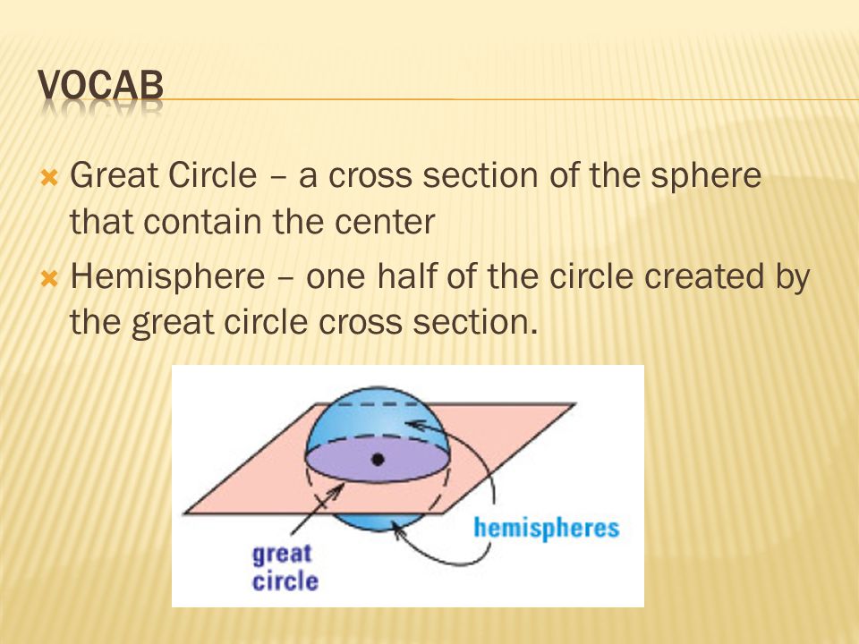  Great Circle – a cross section of the sphere that contain the center  Hemisphere – one half of the circle created by the great circle cross section.